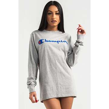 Champion Men's Cotton Long Sleeve Tee, Oxford Gray/Patriotic Script, X Large