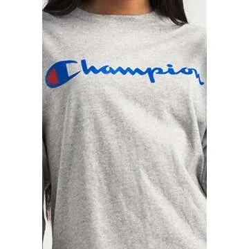 Champion Men's Cotton Long Sleeve Tee, Oxford Gray/Patriotic Script, X Large