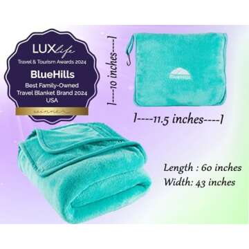 BlueHills Premium Soft Travel Blanket Pillow Airplane Blanket Packed in Soft Bag Pillowcase with Hand Luggage Belt and Backpack Clip, Compact Pack Large Warm for Any Travel (Teal Green T006)