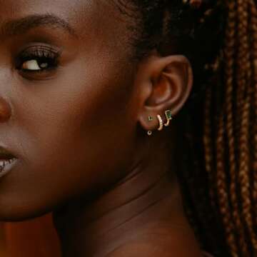 Jstyle 14K Gold Earrings for Women S925 Sterling Silver Earrings for Multiple Piercings Cartilage Stud Hoop Dainty Earrings Set- Green CZ Style