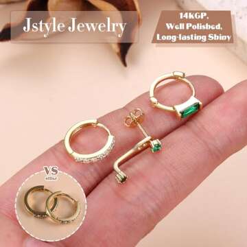 Jstyle 14K Gold Earrings for Women S925 Sterling Silver Earrings for Multiple Piercings Cartilage Stud Hoop Dainty Earrings Set- Green CZ Style