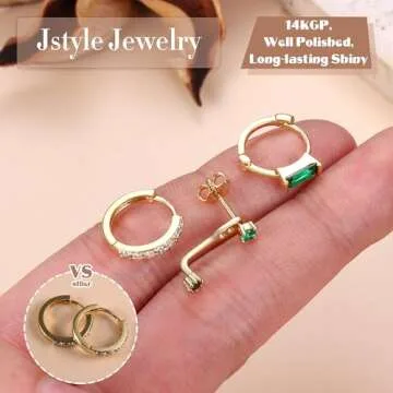 Jstyle 14K Gold Earrings for Women S925 Sterling Silver Earrings for Multiple Piercings Cartilage Stud Hoop Dainty Earrings Set- Green CZ Style