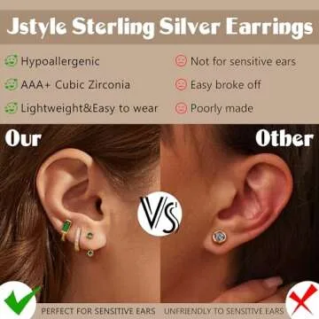 Jstyle 14K Gold Earrings for Women S925 Sterling Silver Earrings for Multiple Piercings Cartilage Stud Hoop Dainty Earrings Set- Green CZ Style