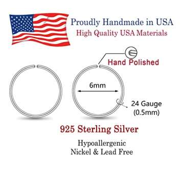 6mm Ultra Thin Tiny Hoops for Cartilage Piercing, Tragus Hoops, Helix Hoops,Sterling Silver Nose Ring Hoop 24g