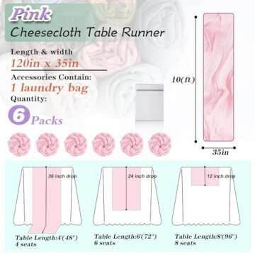 Waligoy Pink Cheesecloth Table Runner 6 Pack 35" Boho Gauze Table Runner 120 inches Long Table Runne...