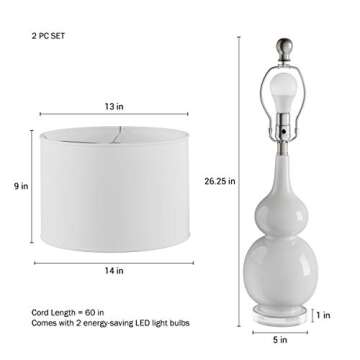 Ceramic Table Lamps - Set of 2 Double Gourd Vintage-Style Accent Lights for Bedroom, Living Room, or Office with LED Bulbs by Lavish Home (White)