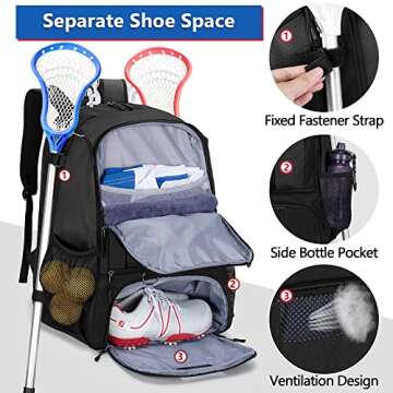 GOBUROS Lacrosse Bag, Lacrosse Equipment Backpack with Stick Holder and Hidden Zipper Net Holds All Lacrosse or Field Hockey Gears, Separate Ventilated Shoe Space Hold Up to US Mens 13, Black