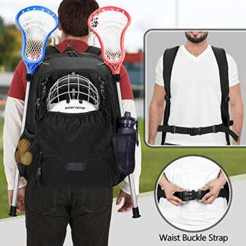 GOBUROS Lacrosse Bag, Lacrosse Equipment Backpack with Stick Holder and Hidden Zipper Net Holds All Lacrosse or Field Hockey Gears, Separate Ventilated Shoe Space Hold Up to US Mens 13, Black