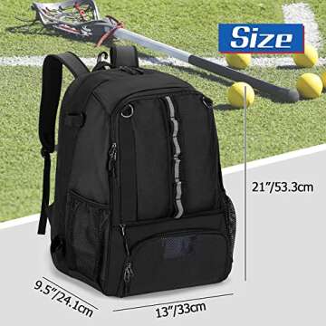 GOBUROS Lacrosse Bag, Lacrosse Equipment Backpack with Stick Holder and Hidden Zipper Net Holds All Lacrosse or Field Hockey Gears, Separate Ventilated Shoe Space Hold Up to US Mens 13, Black