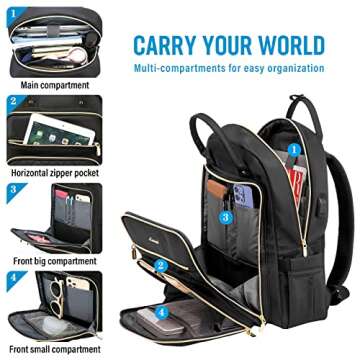 LOVEVOOK Laptop Backpack for Women, Water Resistant Travel Work Black Backpacks Purse Business Teacher Nurse Computer Bag with USB Charging Port, Fits 15.6" Laptop