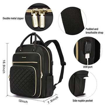 LOVEVOOK Laptop Backpack for Women, Water Resistant Travel Work Black Backpacks Purse Business Teacher Nurse Computer Bag with USB Charging Port, Fits 15.6" Laptop