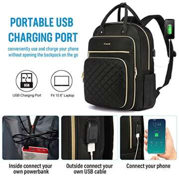 LOVEVOOK Laptop Backpack for Women, Water Resistant Travel Work Black Backpacks Purse Business Teacher Nurse Computer Bag with USB Charging Port, Fits 15.6" Laptop
