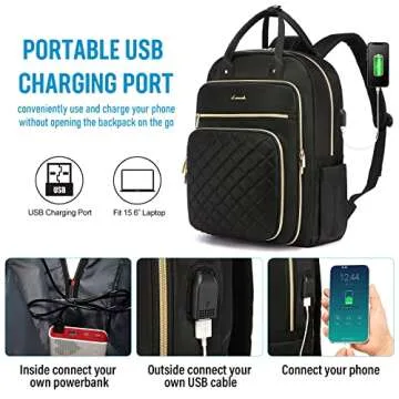 LOVEVOOK Laptop Backpack for Women, Water Resistant Travel Work Black Backpacks Purse Business Teacher Nurse Computer Bag with USB Charging Port, Fits 15.6" Laptop