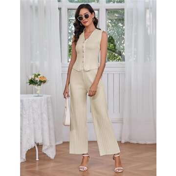 RIATOUR Womens 2Two Piece Summer Outfits Deep V Neck Button Cropped Tank Tops Vest Wide Leg Pants Lounge Sets(Beige-M)