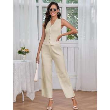 RIATOUR Womens 2Two Piece Summer Outfits Deep V Neck Button Cropped Tank Tops Vest Wide Leg Pants Lounge Sets(Beige-M)