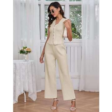 RIATOUR Womens 2Two Piece Summer Outfits Deep V Neck Button Cropped Tank Tops Vest Wide Leg Pants Lounge Sets(Beige-M)