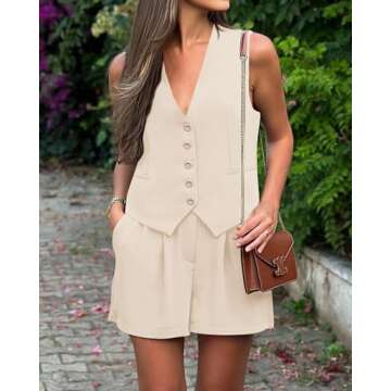 PRETTYGARDEN Women's 2 Piece Outfits 2025 Casual V Neck Sleeveless Button Down Tops High Waist Short...