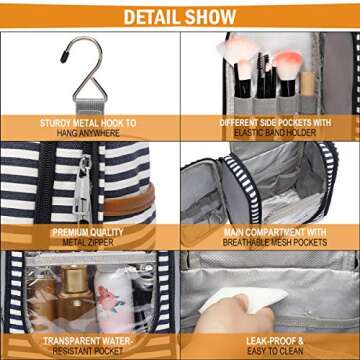 Bosidu Hanging Travel Toiletry Bag,Large Capacity Cosmetic Travel Toiletry Organizer for Women with 4 Compartments & 1 Sturdy Hook,Perfect for Travel/Daily Use/Christmas