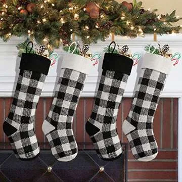 LimBridge Knit Christmas Stockings, 4 Pack 18 inches Knitted Christmas Decorations with Buffalo Plaid Pattern, for Family Holiday Season Decor, Black and White
