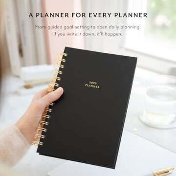 Sugar Paper 2025 Small Spiral Planner, Weekly and Monthly, January to December, 5.75" x 8.25", Calendar for Women, Matte Paper Hardcover, Spiral Bound, Pocket for Storage, 12 Month, Black