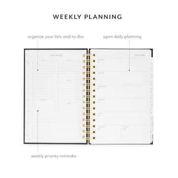 Sugar Paper 2025 Small Spiral Planner, Weekly and Monthly, January to December, 5.75" x 8.25", Calendar for Women, Matte Paper Hardcover, Spiral Bound, Pocket for Storage, 12 Month, Black