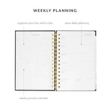 Sugar Paper 2025 Small Spiral Planner, Weekly and Monthly, January to December, 5.75" x 8.25", Calendar for Women, Matte Paper Hardcover, Spiral Bound, Pocket for Storage, 12 Month, Black