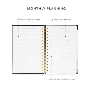 Sugar Paper 2025 Small Spiral Planner, Weekly and Monthly, January to December, 5.75" x 8.25", Calendar for Women, Matte Paper Hardcover, Spiral Bound, Pocket for Storage, 12 Month, Black