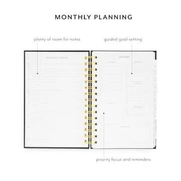 Sugar Paper 2025 Small Spiral Planner, Weekly and Monthly, January to December, 5.75" x 8.25", Calendar for Women, Matte Paper Hardcover, Spiral Bound, Pocket for Storage, 12 Month, Black