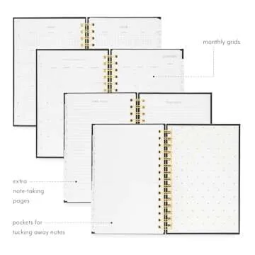 Sugar Paper 2025 Small Spiral Planner, Weekly and Monthly, January to December, 5.75" x 8.25", Calendar for Women, Matte Paper Hardcover, Spiral Bound, Pocket for Storage, 12 Month, Black