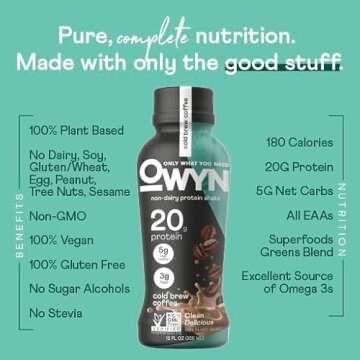 OWYN Only What You Need Vegan Plant Based Protein Shake, Cold Brew Coffee, 36 Pack, 20g Plant Protein, 148mg of Caffeine, Omega-3, Prebiotic Supplements, Gluten-Free, Soy-Free, Non-GMO
