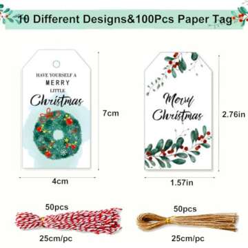 100 Pack Beautiful Christmas Gift Tags， Xmas Beautiful Gift Tags with Jute Twine Baker Twine for D...