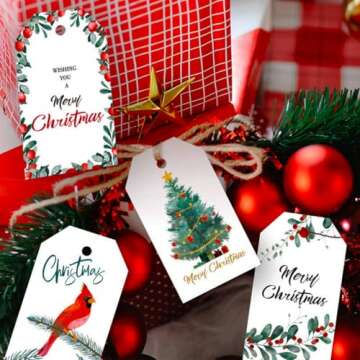 100 Pack Beautiful Christmas Gift Tags， Xmas Beautiful Gift Tags with Jute Twine Baker Twine for DIY Xmas Holiday Present Wrap Stamp and Label Package Name Card