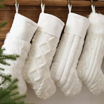 Bunny Chorus Christmas Stockings, 4 Pcs 18 Inch Luxury Snow White Ivory White Thick Plush Faux Fur Stocking with 4 Styles of Textured Patterns, Rustic Christmas Home Décor Farmhouse Xmas Decorations