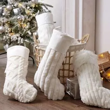Bunny Chorus Christmas Stockings, 4 Pcs 18 Inch Luxury Snow White Ivory White Thick Plush Faux Fur Stocking with 4 Styles of Textured Patterns, Rustic Christmas Home Décor Farmhouse Xmas Decorations