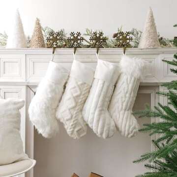 Bunny Chorus Christmas Stockings, 4 Pcs 18 Inch Luxury Snow White Ivory White Thick Plush Faux Fur Stocking with 4 Styles of Textured Patterns, Rustic Christmas Home Décor Farmhouse Xmas Decorations