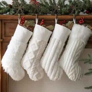 Bunny Chorus Christmas Stockings, 4 Pcs 18 Inch Luxury Snow White Ivory White Thick Plush Faux Fur Stocking with 4 Styles of Textured Patterns, Rustic Christmas Home Décor Farmhouse Xmas Decorations
