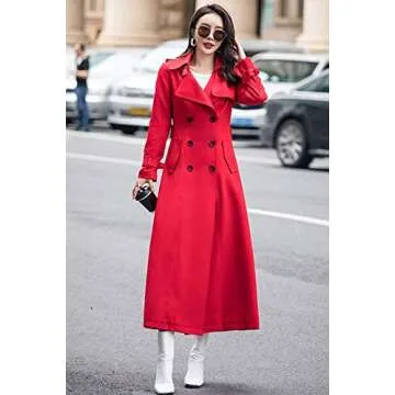 ebossy Women's Double Breasted Red Duster Trench Coat