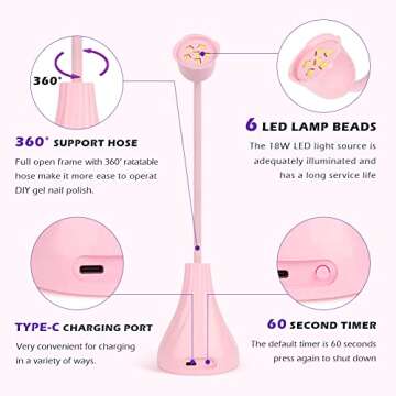 XSMNER UV LED Nail Lamp, Portable Mini Nail Dryer, 360° Rotatable Hands Free Quick Gel Nail Light, Nail Polish Curing Lamp Flash Cure Light for Nails Great for DIY Home & Salon Manicure (Pink)