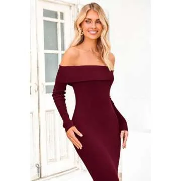 PRETTYGARDEN Women's Winter Sweater Dress Long Sleeve Off Shoulder Slit Maxi Bodycon Cocktail Party Dresses (Wine Red,Medium)