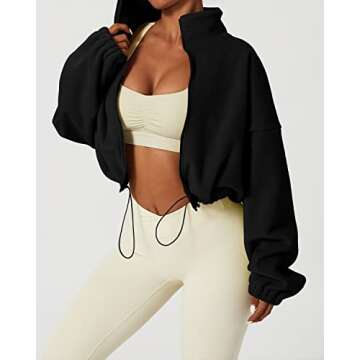 QINSEN Women's Full Zip Up Fleece Short Jacket Warm Winter Long Sleeve Stand Collar Sherpa Crop Coat Black L