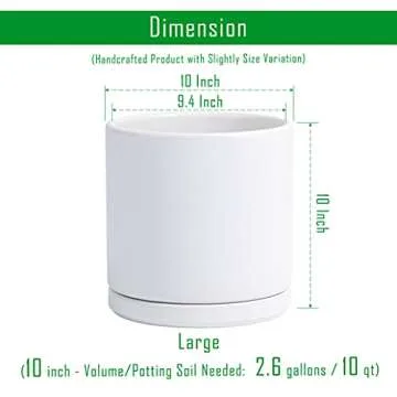 D'vine Dev 10 Inch Ceramic Planter Pot with Drainage Hole and Saucer, Indoor Cylinder Round Planter Pot, White, 94-O-E-1