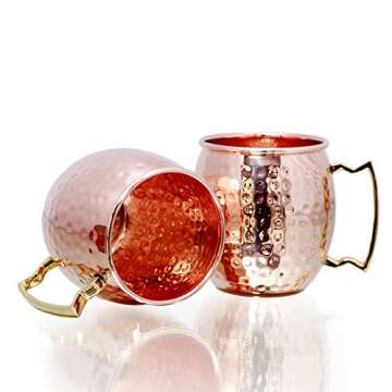 Pure Copper Barrel Hammered Mugs Set of 2 with Copper Straws and Wooden Coasters Gift Pack