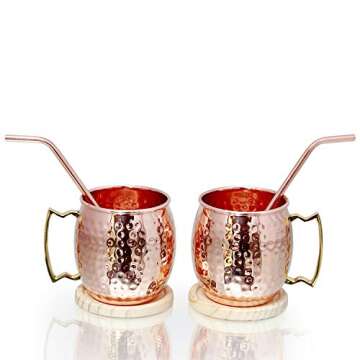 Pure Copper Barrel Hammered Mugs Set of 2 with Copper Straws and Wooden Coasters Gift Pack