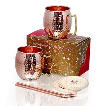 Pure Copper Barrel Hammered Mugs Set of 2 with Copper Straws and Wooden Coasters Gift Pack