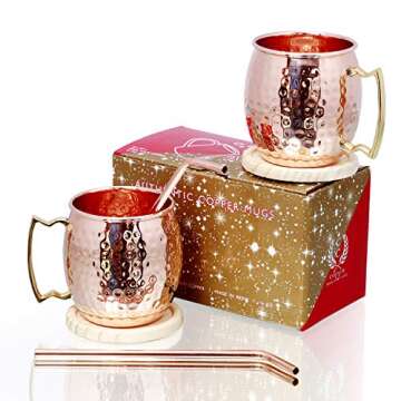 Pure Copper Barrel Hammered Mugs Set of 2 with Copper Straws and Wooden Coasters Gift Pack