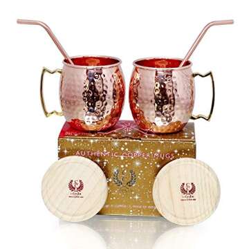 Pure Copper Barrel Hammered Mugs Set of 2 with Copper Straws and Wooden Coasters Gift Pack