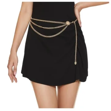 AMYGEM Multilayer Metal Waist Chain Belt for Women, Adjustable Women Long Belt Body Belly Jewelry for Dresses Jeans Trousers Gold