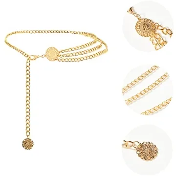 AMYGEM Multilayer Metal Waist Chain Belt for Women, Adjustable Women Long Belt Body Belly Jewelry for Dresses Jeans Trousers Gold