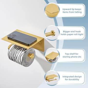 Elegant Toilet Paper Holder with Phone Shelf in Gold
