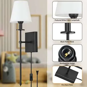 Set of 2 Slim Wall Sconces with White Fabric Shade, Plug in or Hardwired Indoor Wall Lights, Matte Black Bedside Wall Lantern Metal Column Stand Wall Lamp for Bedroom Living Room Vanity Bathroom